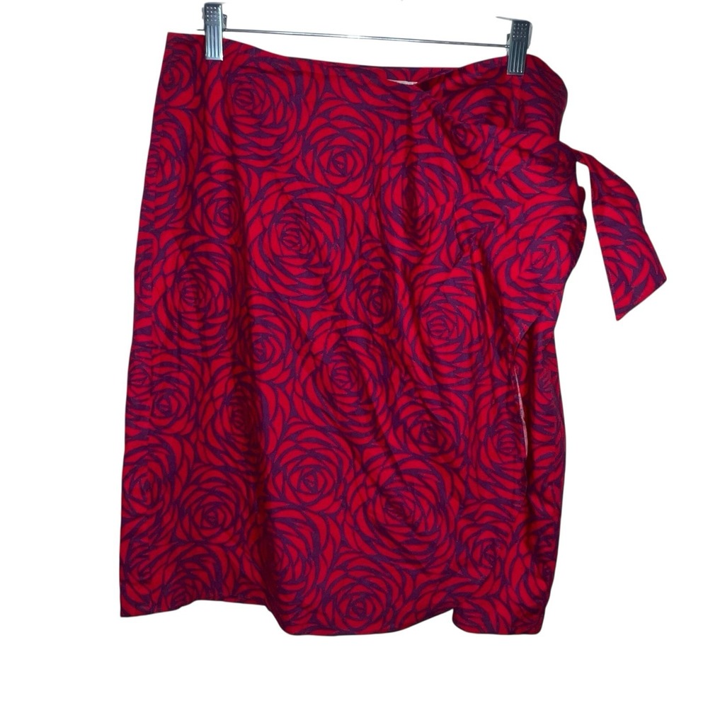 Boden Mock Wrap Tie Skirt Womens US 12R Red Purple Roses Short Cotton Zip Floral